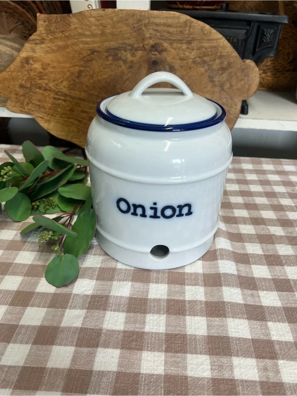 Onion canister world market storage blue white ceramic